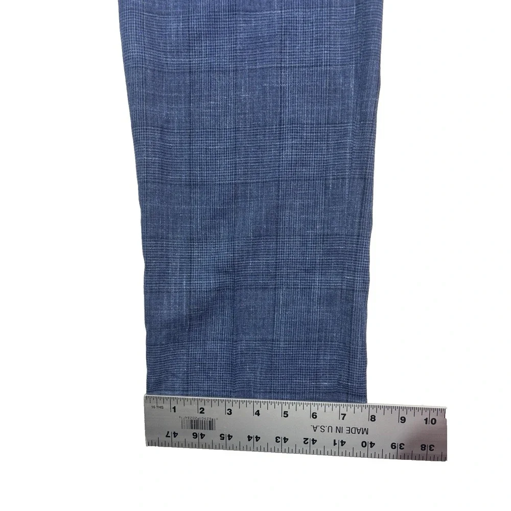 Atelier Munro Custom 38 Navy Blue Chambray Plaid Wool Silk Linen Pants Trousers
